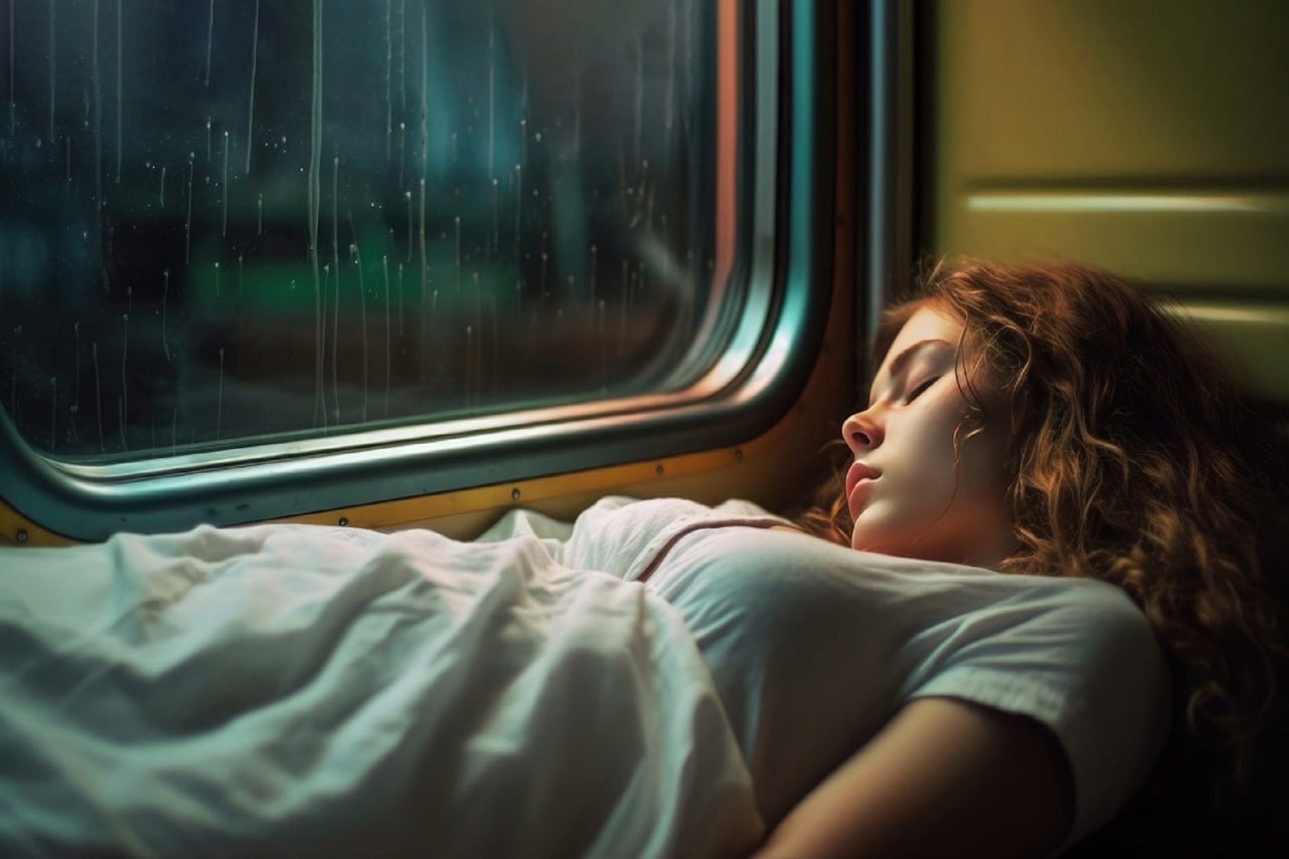 red head curly girl sleeping on train travel